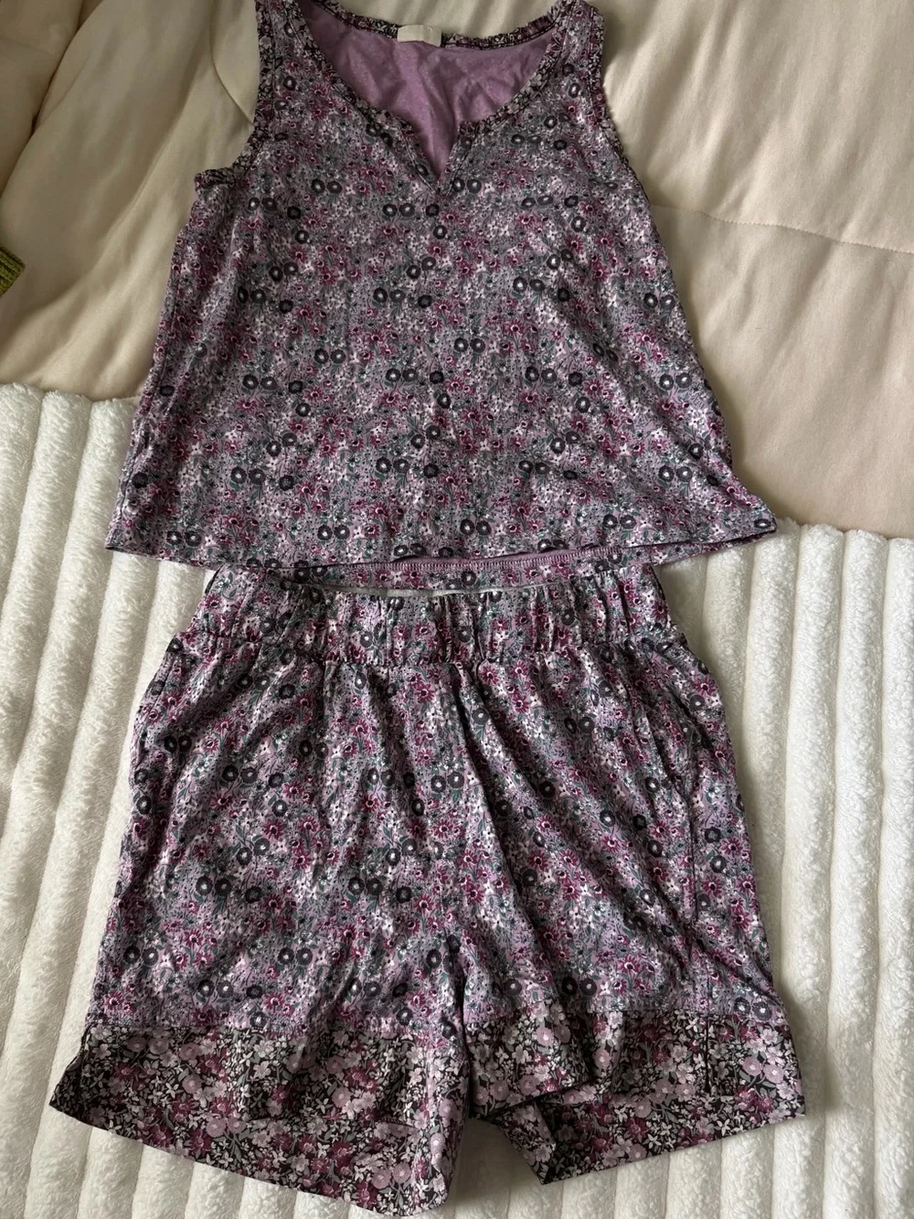 Pact Organic Cotton Floral Pajama Set Purple Tank And Shorts Pockets